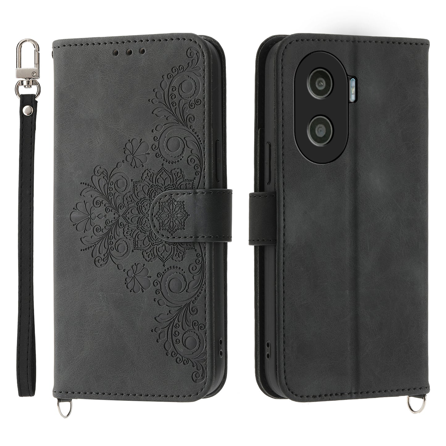 Anti-Drop PU Leather Case for Honor X40i 5G Imprinted Flower Skin-Touch Wallet Phone Cover with Strap