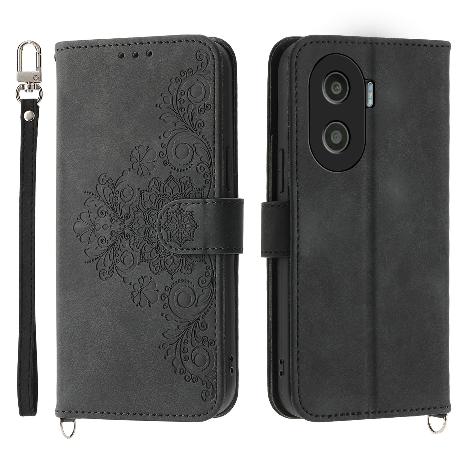 Anti-Drop PU Leather Case for Honor X40i 5G Imprinted Flower Skin-Touch Wallet Phone Cover with Strap