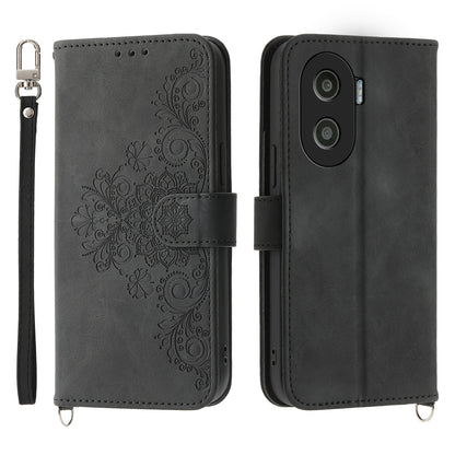Anti-Drop PU Leather Case for Honor X40i 5G Imprinted Flower Skin-Touch Wallet Phone Cover with Strap