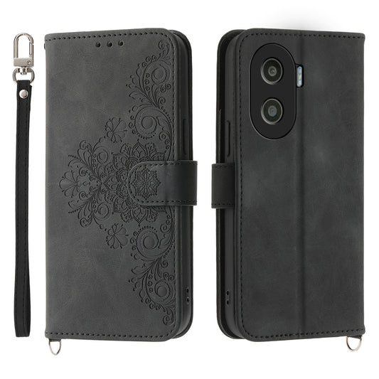 Anti-Drop PU Leather Case for Honor X40i 5G Imprinted Flower Skin-Touch Wallet Phone Cover with Strap