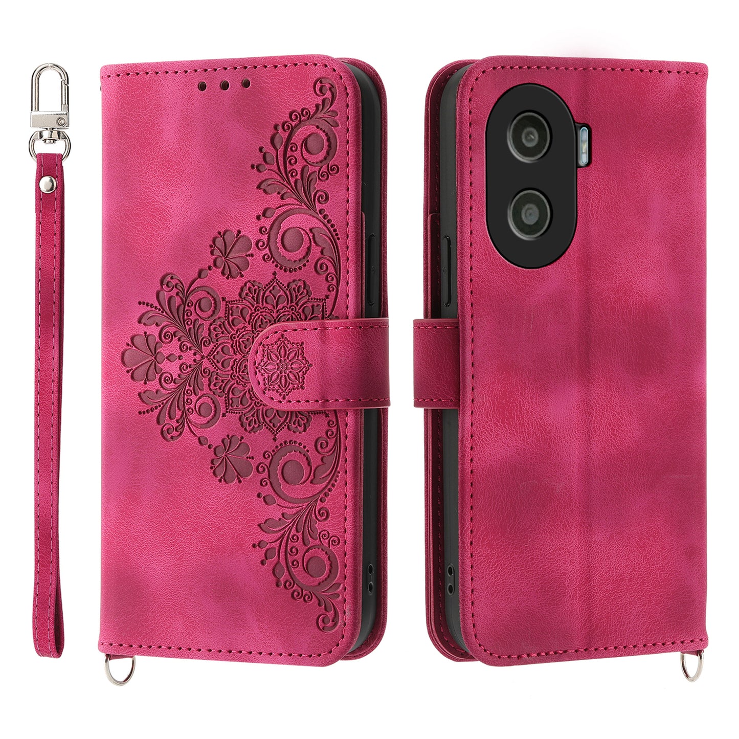 Anti-Drop PU Leather Case for Honor X40i 5G Imprinted Flower Skin-Touch Wallet Phone Cover with Strap