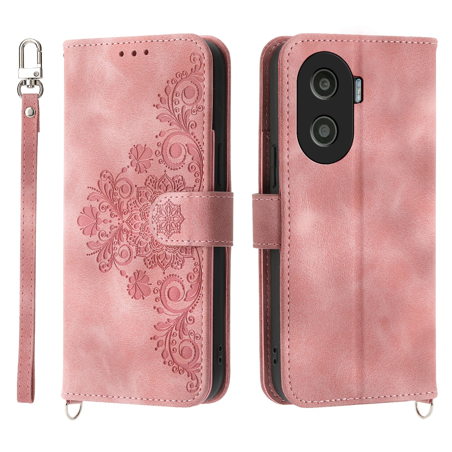 Anti-Drop PU Leather Case for Honor X40i 5G Imprinted Flower Skin-Touch Wallet Phone Cover with Strap