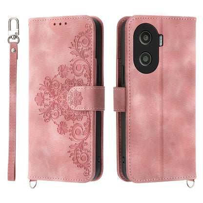 Anti-Drop PU Leather Case for Honor X40i 5G Imprinted Flower Skin-Touch Wallet Phone Cover with Strap