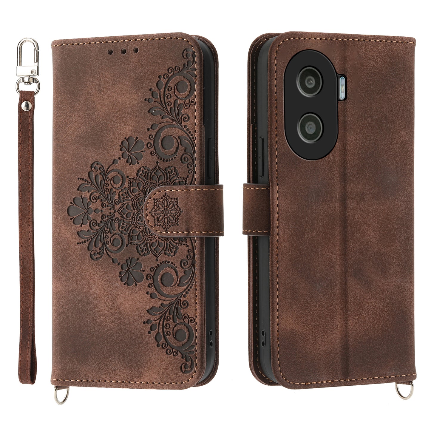 Anti-Drop PU Leather Case for Honor X40i 5G Imprinted Flower Skin-Touch Wallet Phone Cover with Strap
