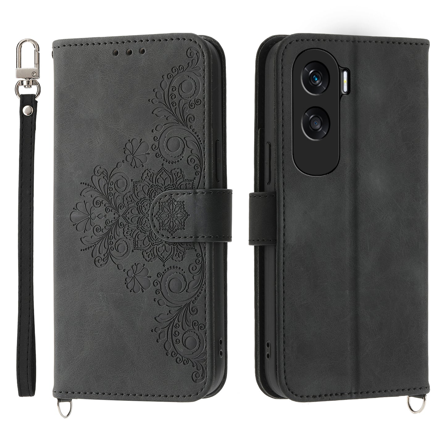 Wallet Phone Case for Honor X50i 5G / 90 Lite 5G Imprinted Flower Skin-Touch Leather Cover with Strap