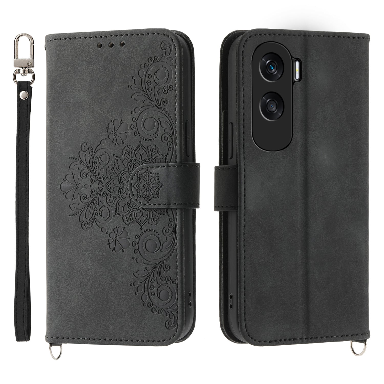 Wallet Phone Case for Honor X50i 5G / 90 Lite 5G Imprinted Flower Skin-Touch Leather Cover with Strap
