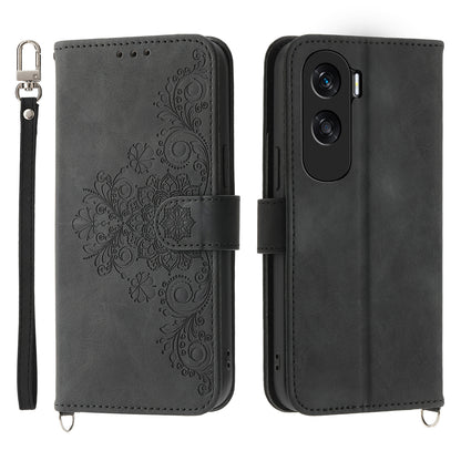 Wallet Phone Case for Honor X50i 5G / 90 Lite 5G Imprinted Flower Skin-Touch Leather Cover with Strap