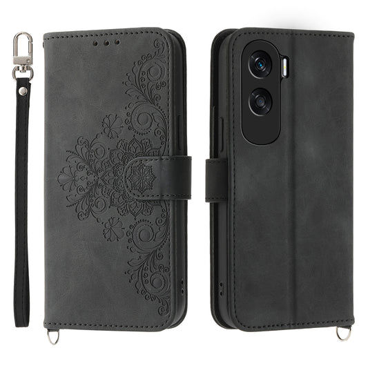Wallet Phone Case for Honor X50i 5G / 90 Lite 5G Imprinted Flower Skin-Touch Leather Cover with Strap