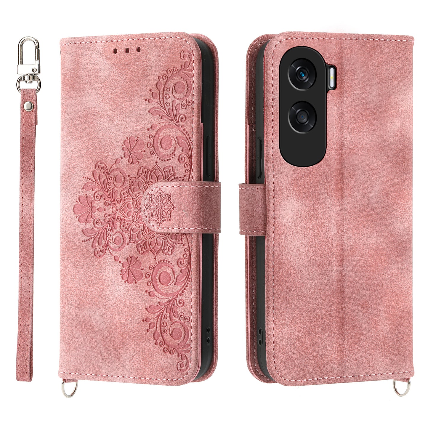 Wallet Phone Case for Honor X50i 5G / 90 Lite 5G Imprinted Flower Skin-Touch Leather Cover with Strap