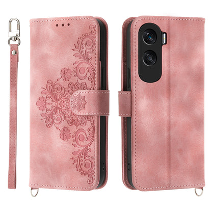 Wallet Phone Case for Honor X50i 5G / 90 Lite 5G Imprinted Flower Skin-Touch Leather Cover with Strap
