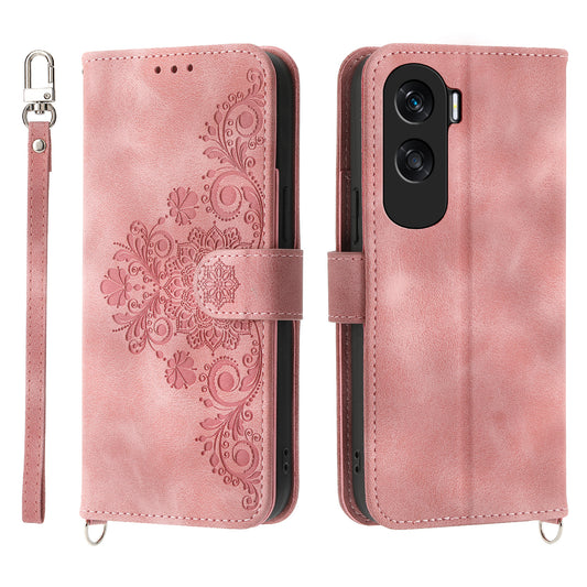Wallet Phone Case for Honor X50i 5G / 90 Lite 5G Imprinted Flower Skin-Touch Leather Cover with Strap