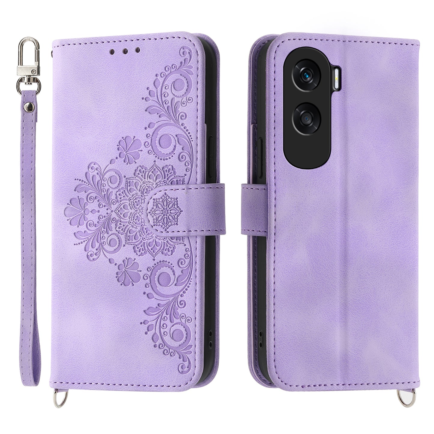 Wallet Phone Case for Honor X50i 5G / 90 Lite 5G Imprinted Flower Skin-Touch Leather Cover with Strap