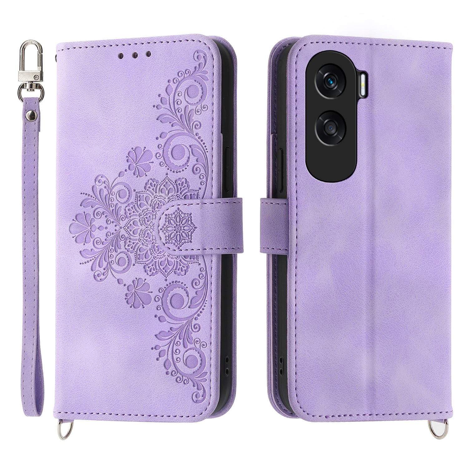 Wallet Phone Case for Honor X50i 5G / 90 Lite 5G Imprinted Flower Skin-Touch Leather Cover with Strap