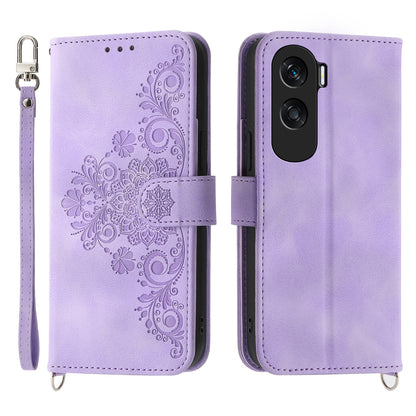 Wallet Phone Case for Honor X50i 5G / 90 Lite 5G Imprinted Flower Skin-Touch Leather Cover with Strap