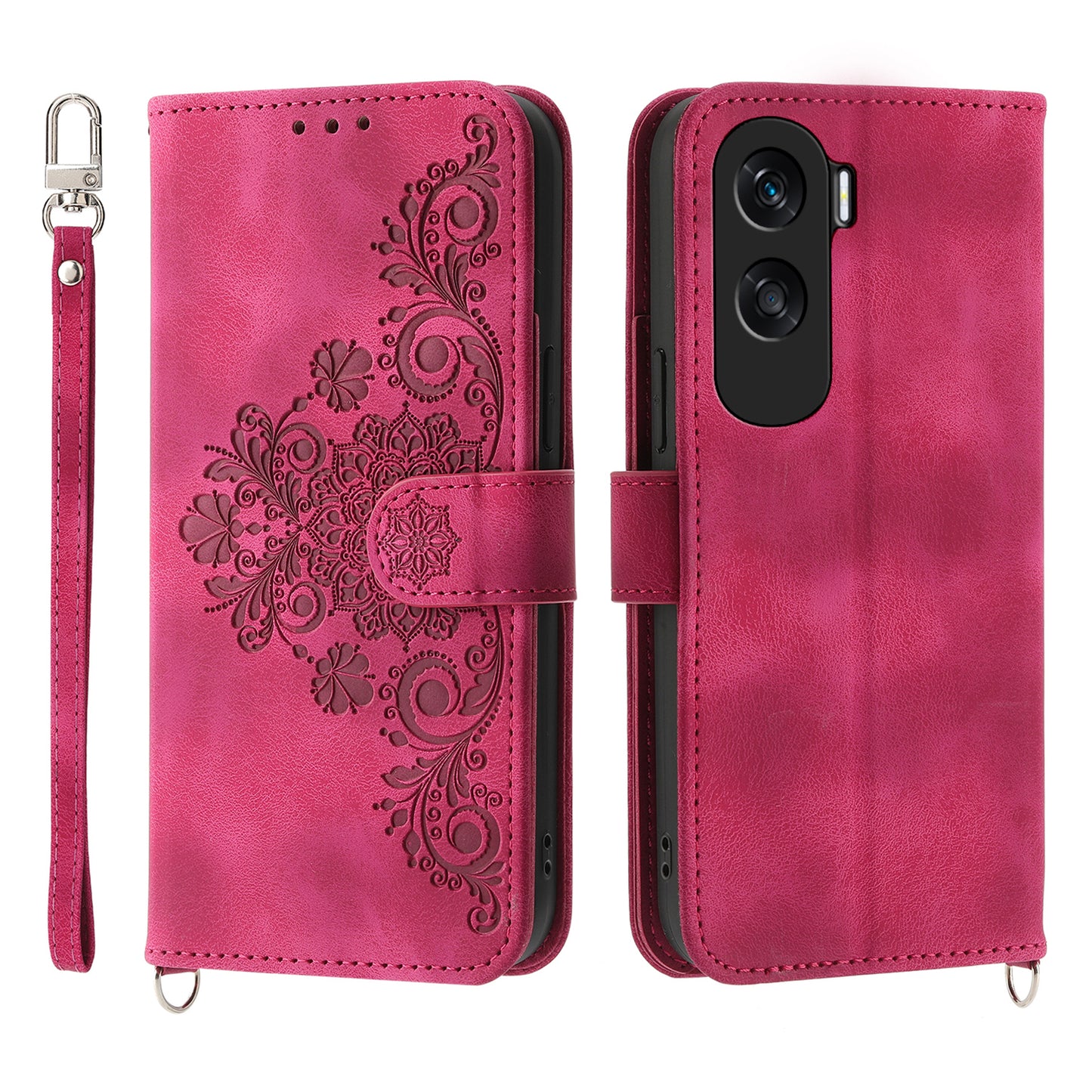 Wallet Phone Case for Honor X50i 5G / 90 Lite 5G Imprinted Flower Skin-Touch Leather Cover with Strap