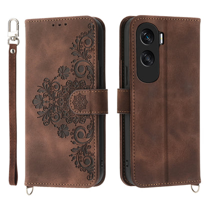 Wallet Phone Case for Honor X50i 5G / 90 Lite 5G Imprinted Flower Skin-Touch Leather Cover with Strap