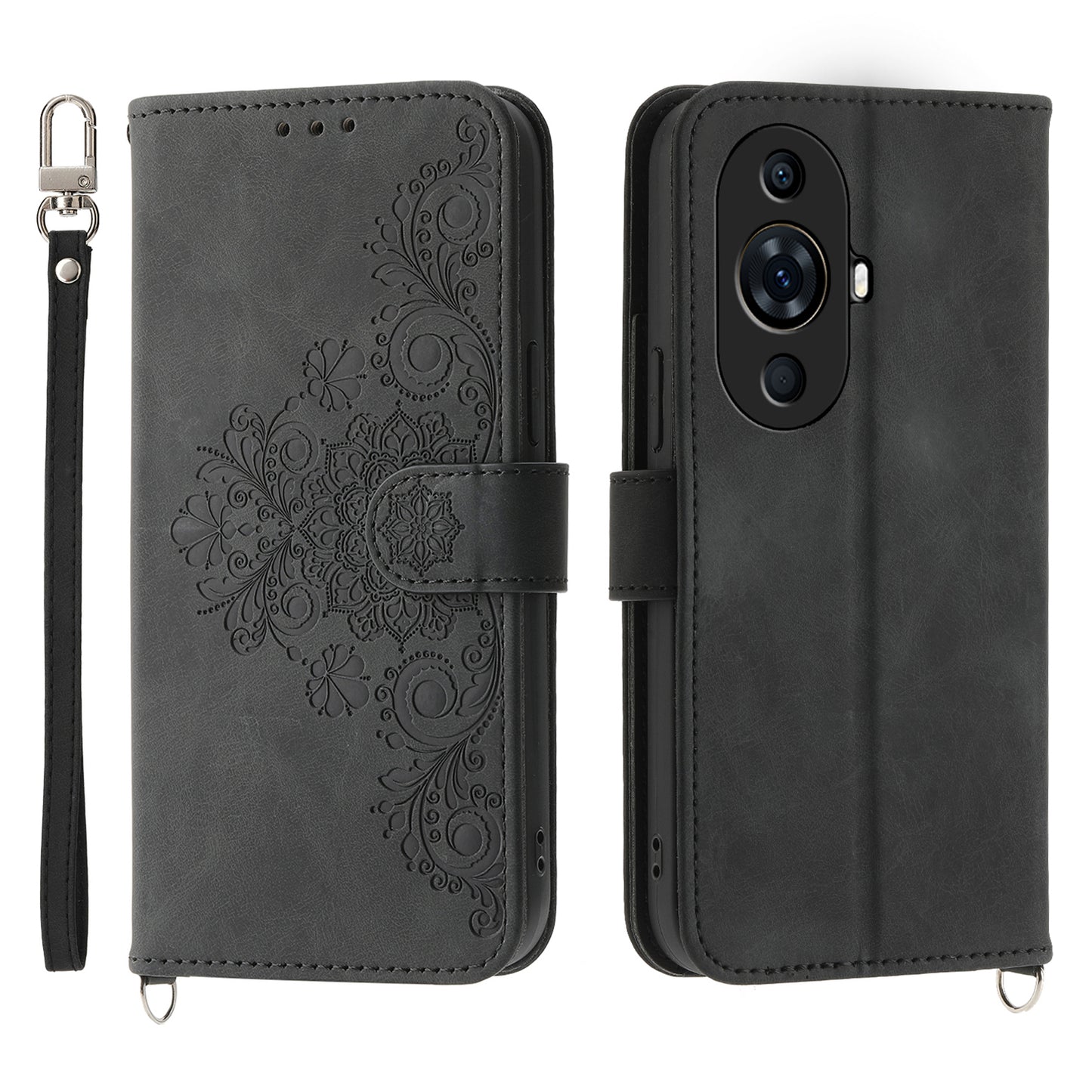 Flower Imprinted Phone Case for Huawei nova 11 Pro Skin-Touch Phone Shell Anti-Drop PU Leather Wallet Cover with Strap