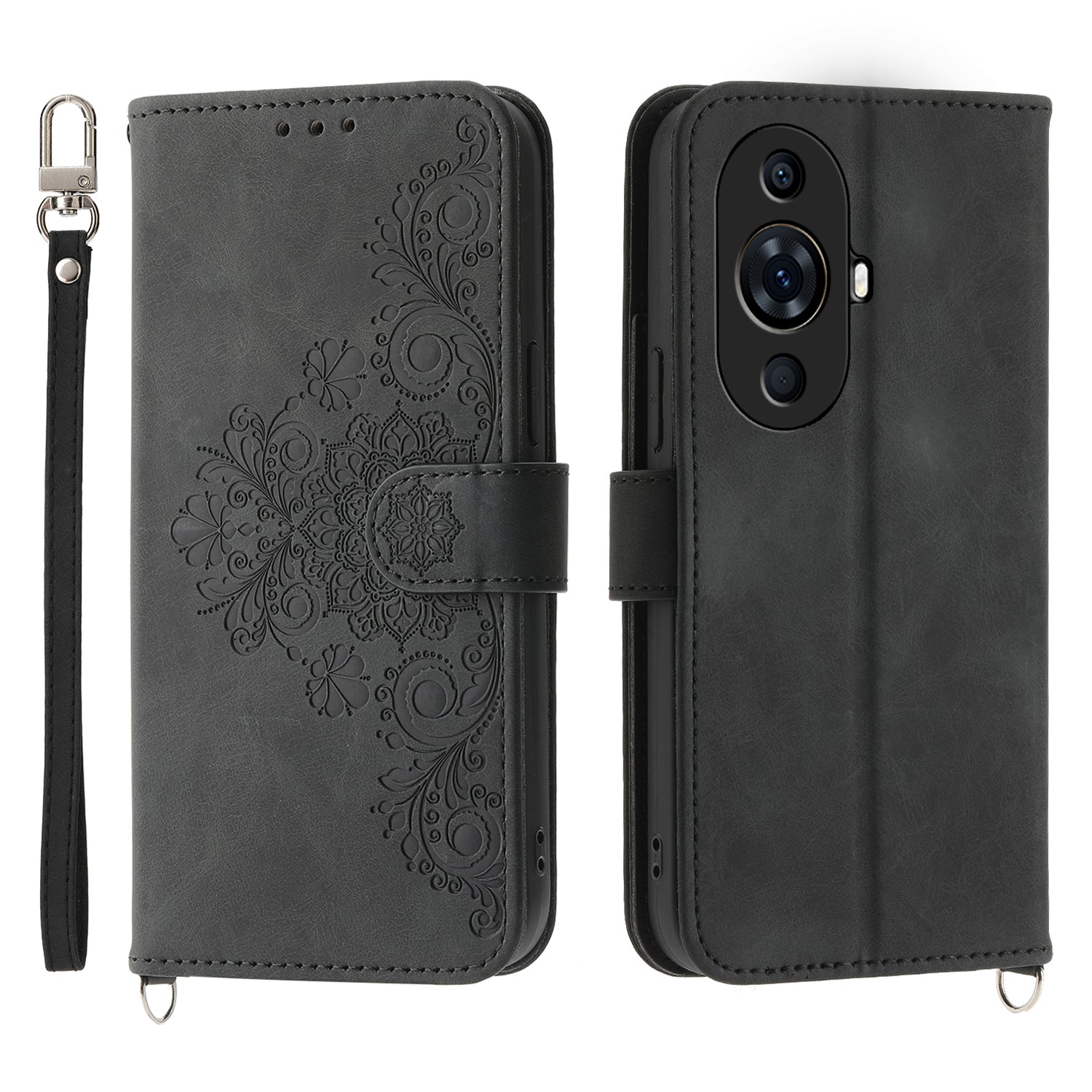 Flower Imprinted Phone Case for Huawei nova 11 Pro Skin-Touch Phone Shell Anti-Drop PU Leather Wallet Cover with Strap