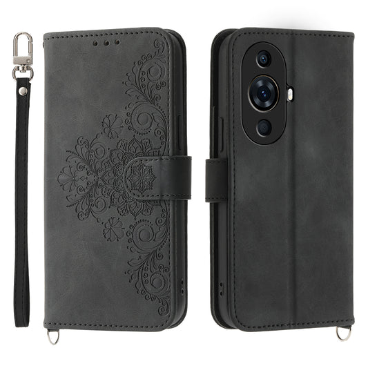 Flower Imprinted Phone Case for Huawei nova 11 Pro Skin-Touch Phone Shell Anti-Drop PU Leather Wallet Cover with Strap