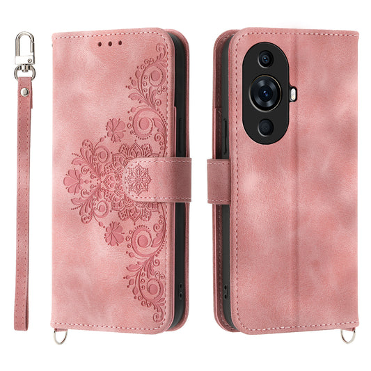 Flower Imprinted Phone Case for Huawei nova 11 Pro Skin-Touch Phone Shell Anti-Drop PU Leather Wallet Cover with Strap