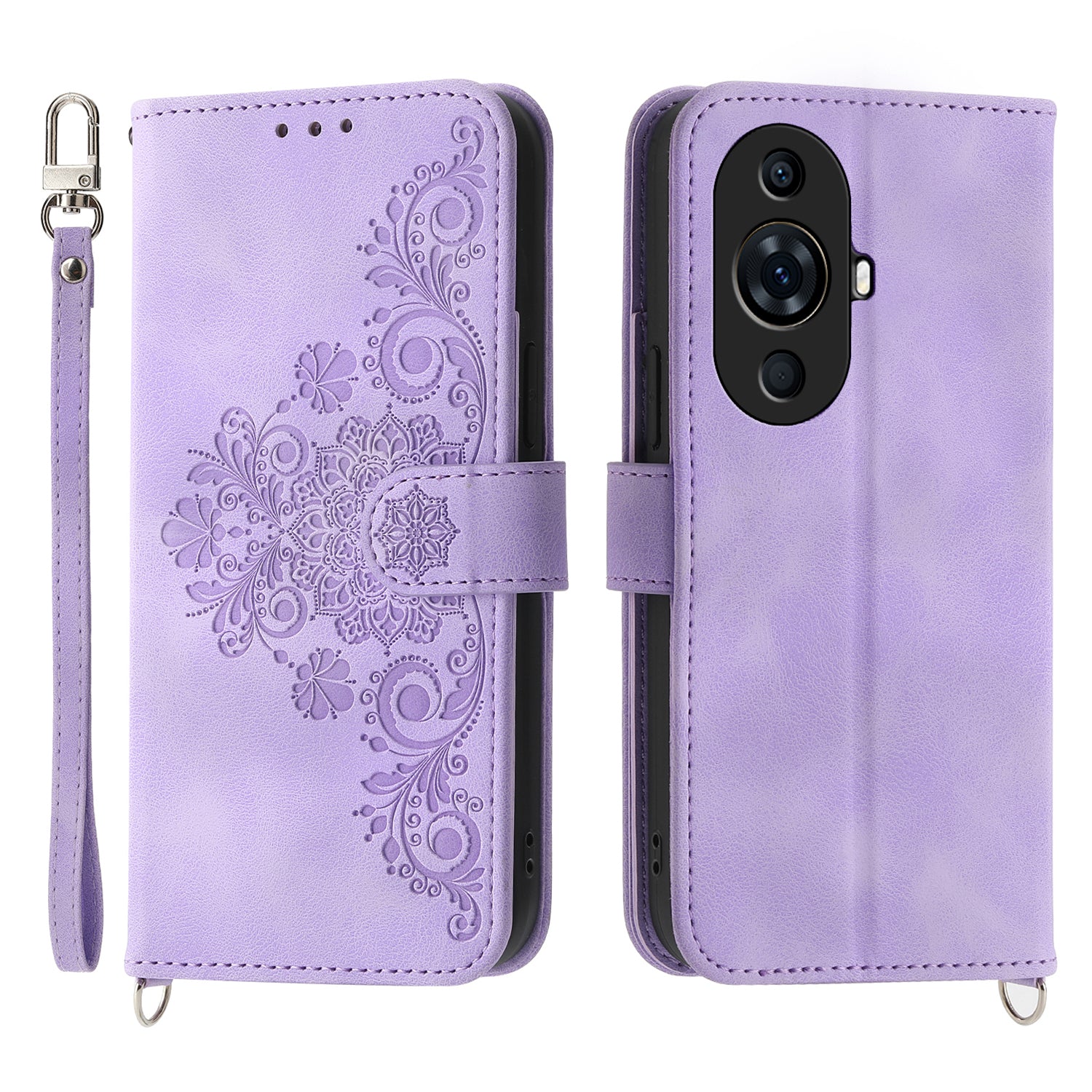 Flower Imprinted Phone Case for Huawei nova 11 Pro Skin-Touch Phone Shell Anti-Drop PU Leather Wallet Cover with Strap
