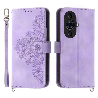 Flower Imprinted Phone Case for Huawei nova 11 Pro Skin-Touch Phone Shell Anti-Drop PU Leather Wallet Cover with Strap