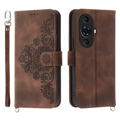 Flower Imprinted Phone Case for Huawei nova 11 Pro Skin-Touch Phone Shell Anti-Drop PU Leather Wallet Cover with Strap