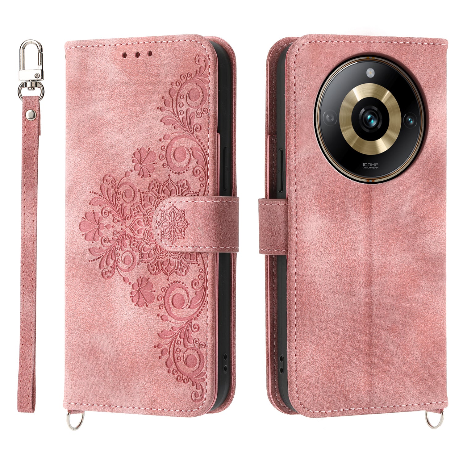 Protective Case for Realme 11 Pro 5G Imprinted Flower PU Leather Cover Skin-Touch Wallet Phone Shell with Strap