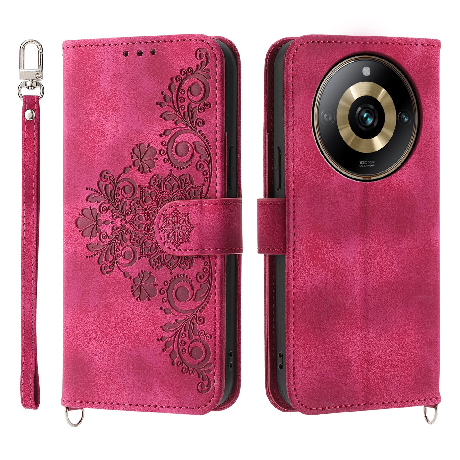 Protective Case for Realme 11 Pro 5G Imprinted Flower PU Leather Cover Skin-Touch Wallet Phone Shell with Strap