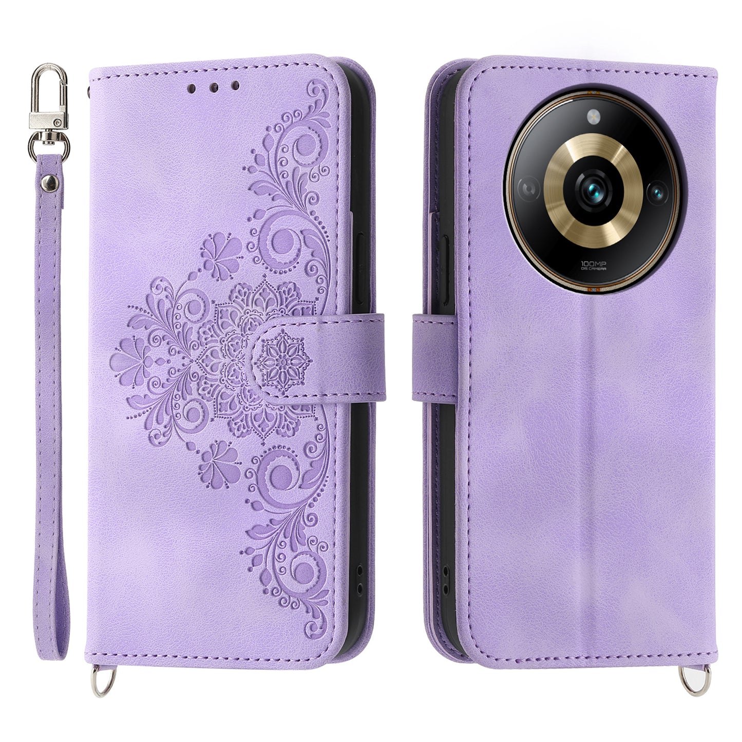 Protective Case for Realme 11 Pro 5G Imprinted Flower PU Leather Cover Skin-Touch Wallet Phone Shell with Strap