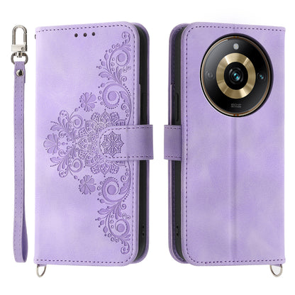 Protective Case for Realme 11 Pro 5G Imprinted Flower PU Leather Cover Skin-Touch Wallet Phone Shell with Strap