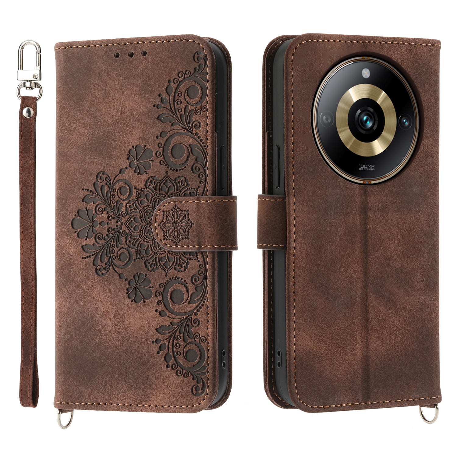 Protective Case for Realme 11 Pro 5G Imprinted Flower PU Leather Cover Skin-Touch Wallet Phone Shell with Strap
