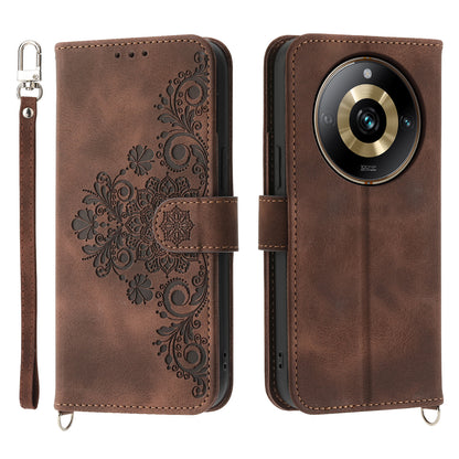 Protective Case for Realme 11 Pro 5G Imprinted Flower PU Leather Cover Skin-Touch Wallet Phone Shell with Strap