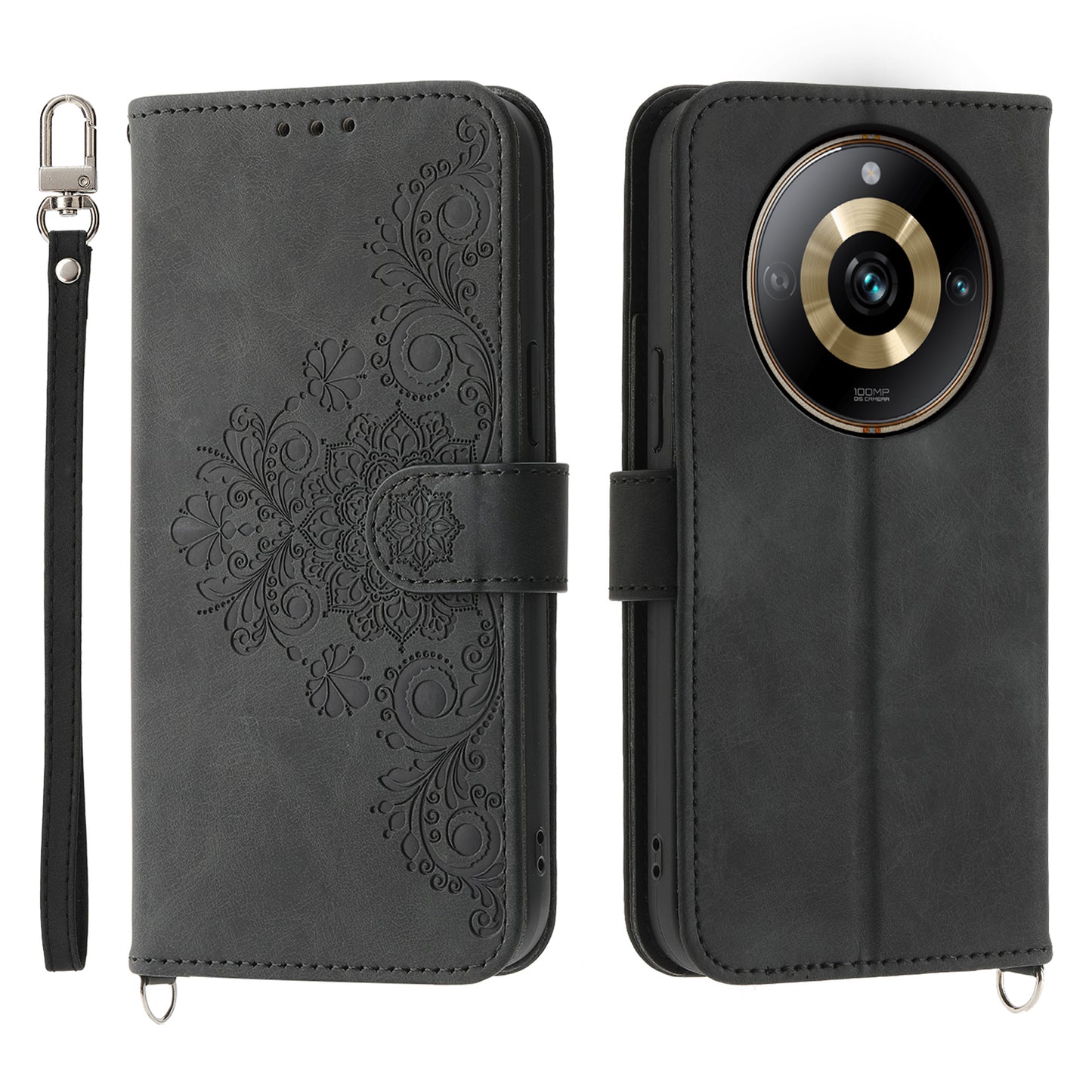 Protective Case for Realme 11 Pro 5G Imprinted Flower PU Leather Cover Skin-Touch Wallet Phone Shell with Strap