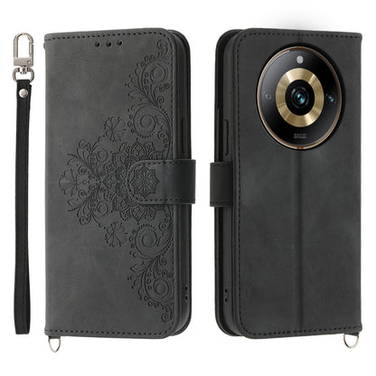 Protective Case for Realme 11 Pro 5G Imprinted Flower PU Leather Cover Skin-Touch Wallet Phone Shell with Strap