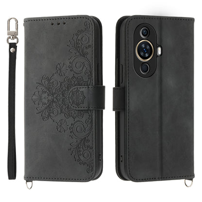 Phone Case for Huawei nova 11 , Imprinted Flower Skin-Touch Feeling Leather Cover Wallet with Strap