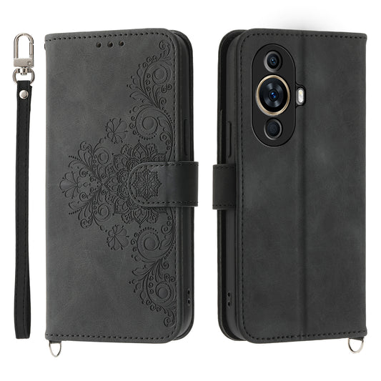 Phone Case for Huawei nova 11 , Imprinted Flower Skin-Touch Feeling Leather Cover Wallet with Strap