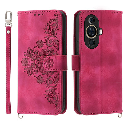 Phone Case for Huawei nova 11 , Imprinted Flower Skin-Touch Feeling Leather Cover Wallet with Strap