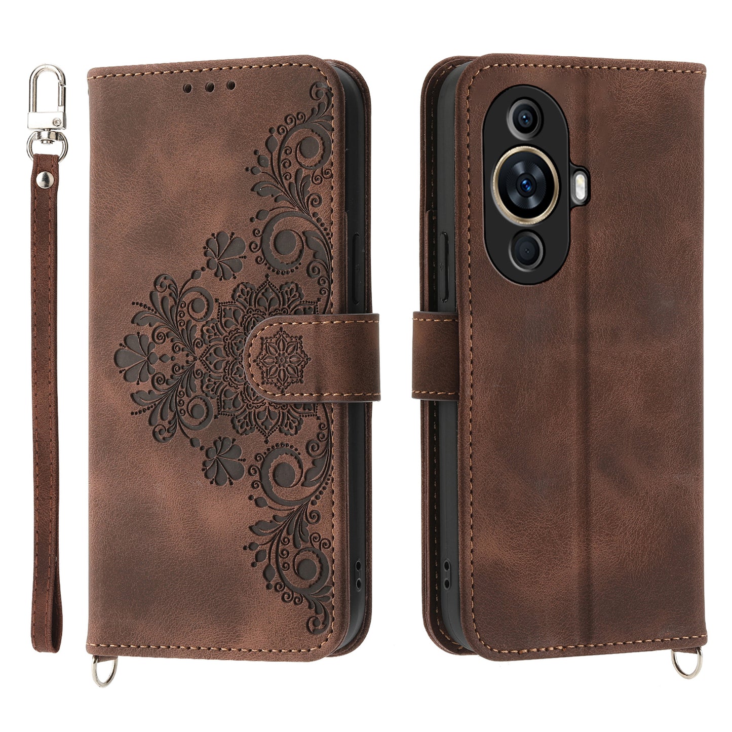 Phone Case for Huawei nova 11 , Imprinted Flower Skin-Touch Feeling Leather Cover Wallet with Strap