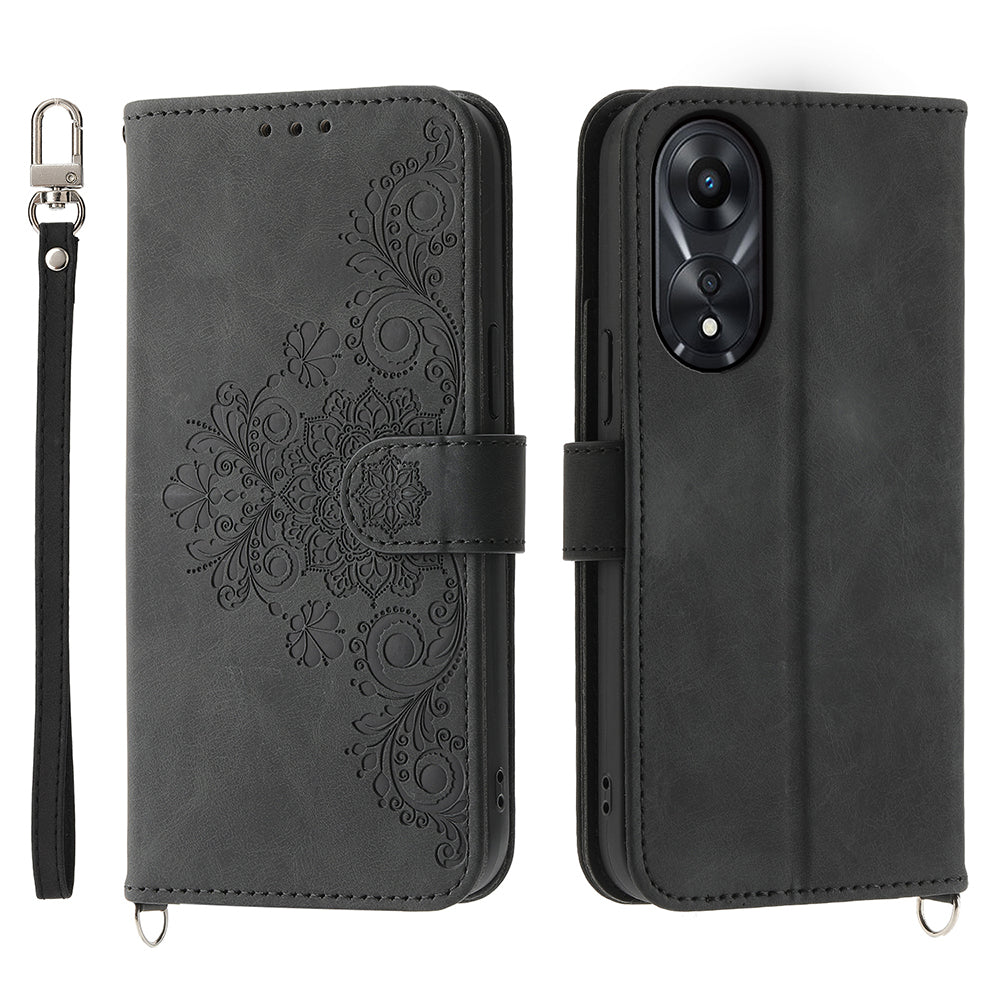 Skin-Touch Phone Case for Oppo A78 5G PU Leather Phone Shell Flower Imprinted Wallet Cover with Strap