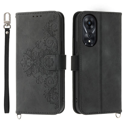 Skin-Touch Phone Case for Oppo A78 5G PU Leather Phone Shell Flower Imprinted Wallet Cover with Strap