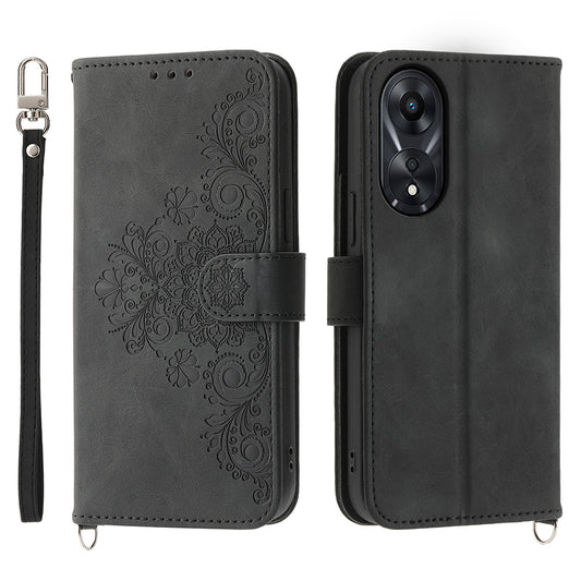 Skin-Touch Phone Case for Oppo A78 5G PU Leather Phone Shell Flower Imprinted Wallet Cover with Strap