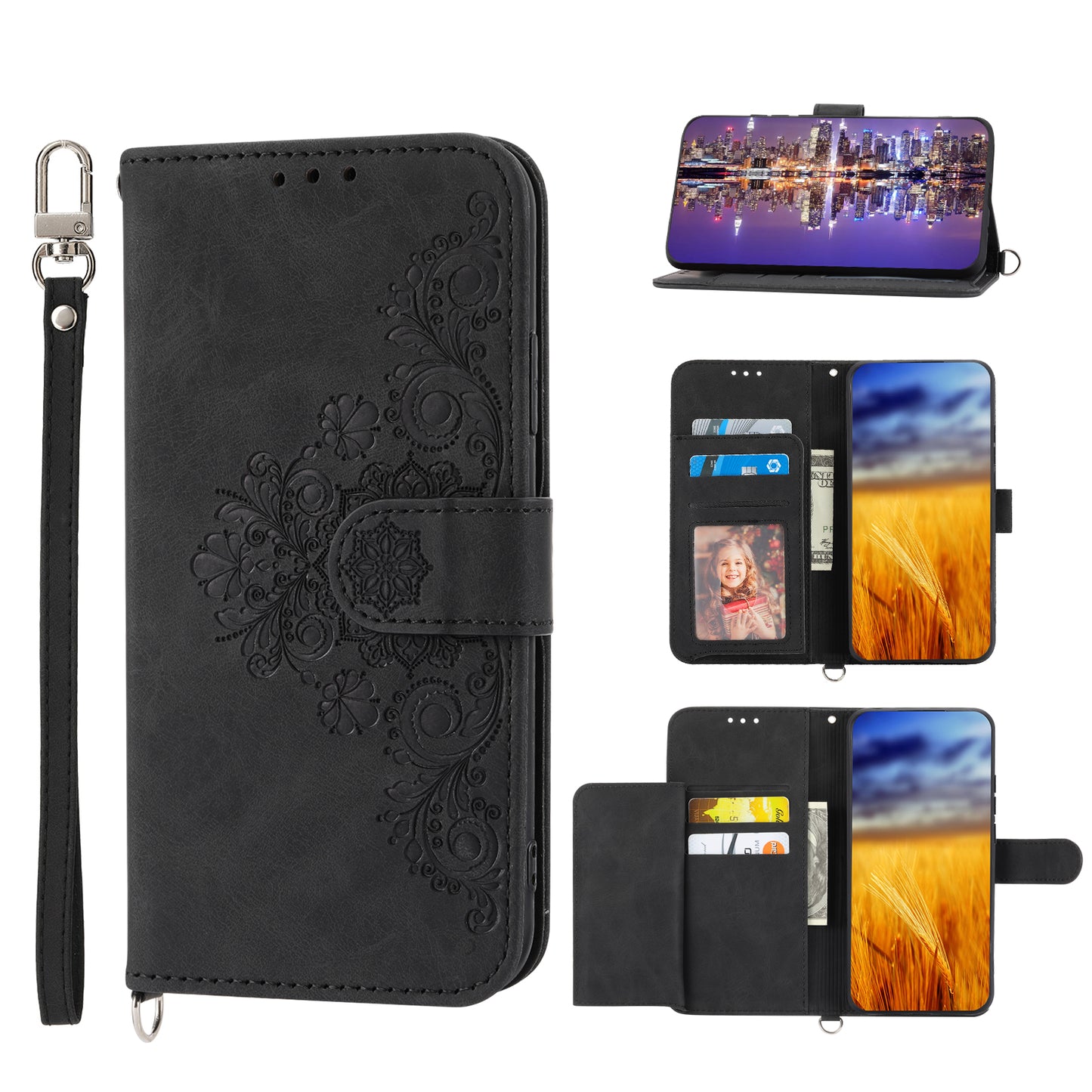 Skin-Touch Phone Case for Oppo A78 5G PU Leather Phone Shell Flower Imprinted Wallet Cover with Strap