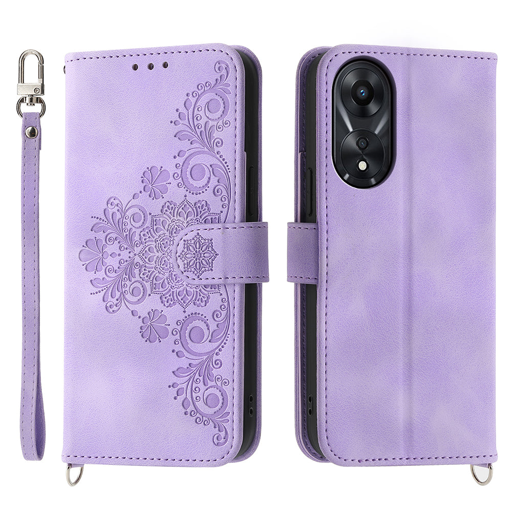 Skin-Touch Phone Case for Oppo A78 5G PU Leather Phone Shell Flower Imprinted Wallet Cover with Strap