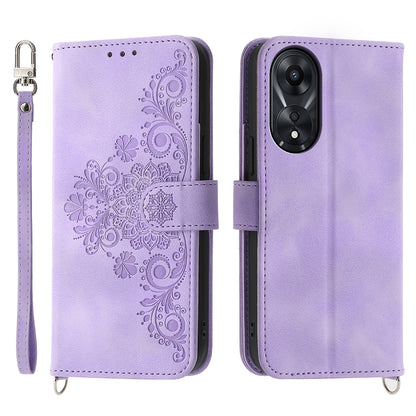 Skin-Touch Phone Case for Oppo A78 5G PU Leather Phone Shell Flower Imprinted Wallet Cover with Strap