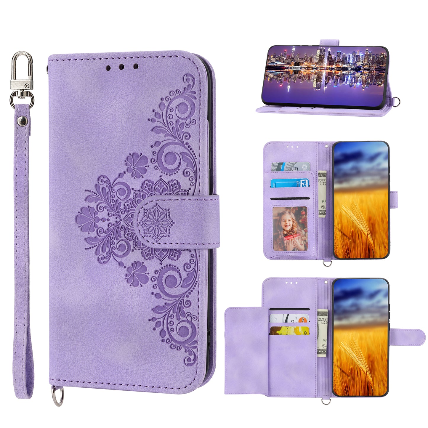 Skin-Touch Phone Case for Oppo A78 5G PU Leather Phone Shell Flower Imprinted Wallet Cover with Strap