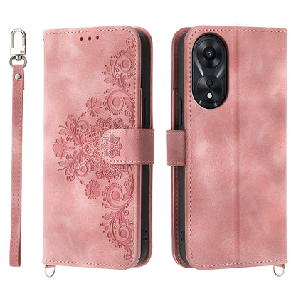 Skin-Touch Phone Case for Oppo A78 5G PU Leather Phone Shell Flower Imprinted Wallet Cover with Strap