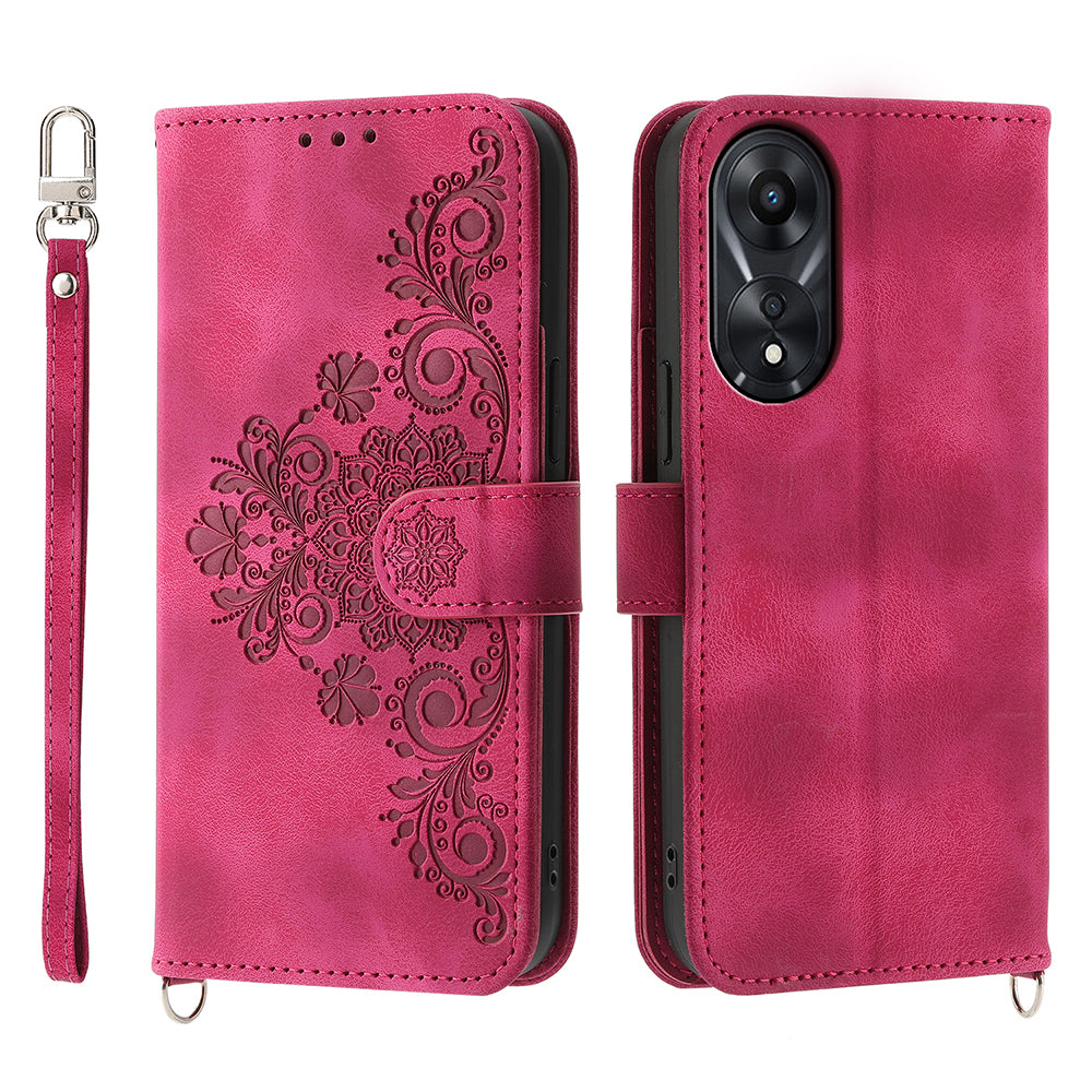 Skin-Touch Phone Case for Oppo A78 5G PU Leather Phone Shell Flower Imprinted Wallet Cover with Strap