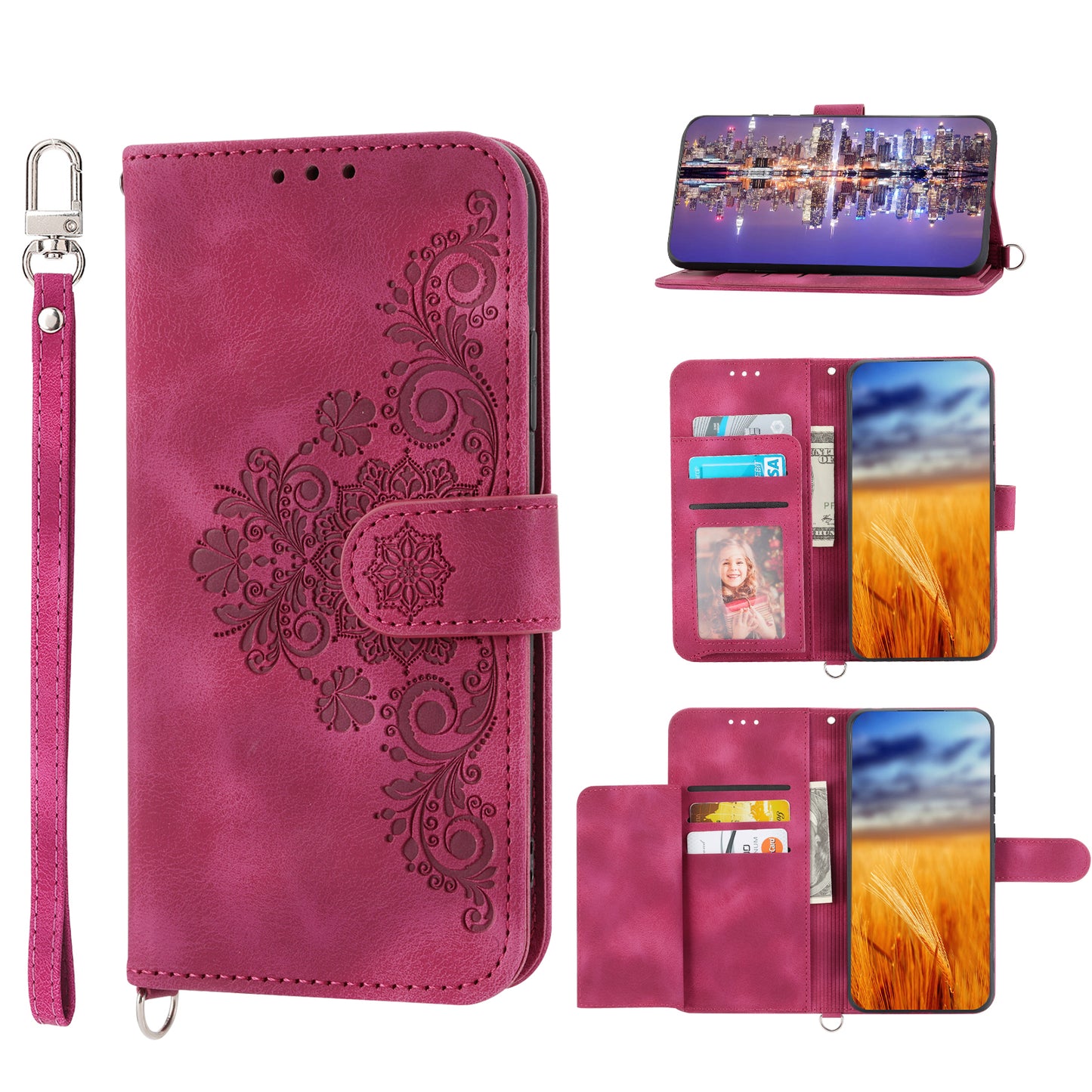 Skin-Touch Phone Case for Oppo A78 5G PU Leather Phone Shell Flower Imprinted Wallet Cover with Strap