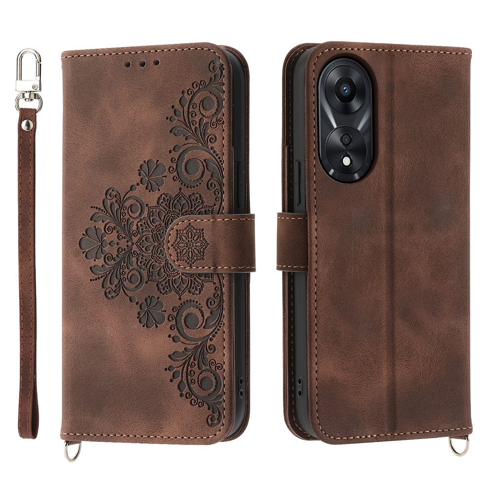 Skin-Touch Phone Case for Oppo A78 5G PU Leather Phone Shell Flower Imprinted Wallet Cover with Strap